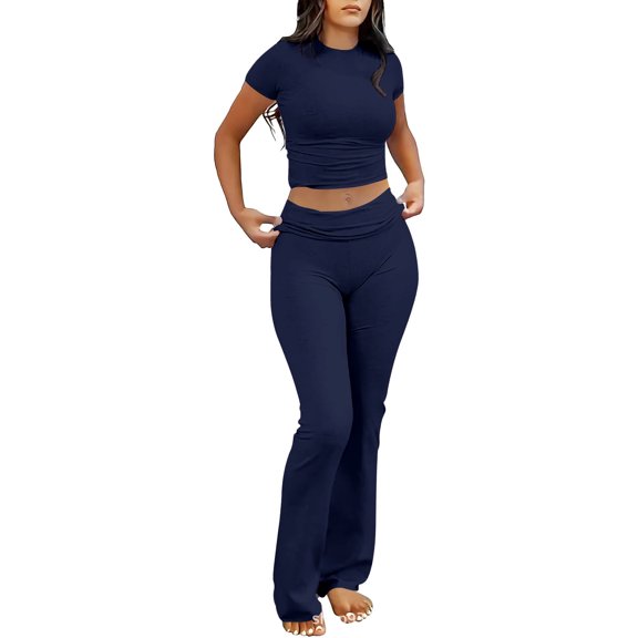 Summer Casual Workout Two Piece Outfits for Women High Waist Foldover Flare Pants Tracksuit Sets Streetwear