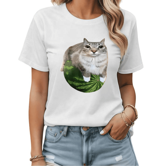 Summer Cat & Watermelon Graphic Tees Womans T shirt Black/White S-5XL Shirts Casual Daily Tops
