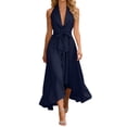 thumbnail image 1 of Summer Celebration! Elegant Asymmetric Hem Casual Dress for Summer Flowy Flounce Sleeve Ladies Fashion Tunic Top with Collar,Navy,XL, 1 of 5