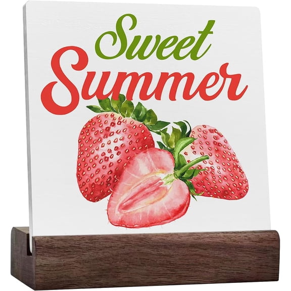 Summer Ceramic Table Sign Desk Decor Watercolor Sweet Strawberry Wood Block Sign Decor For Home Kitchen Shelf Wall