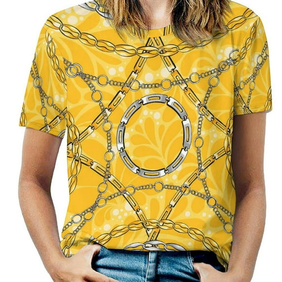 Summer Chain Print T Shirts White Links Print Street Fashion T-Shirt Womens Short Sleeves Modern Oversize Tees Graphic C