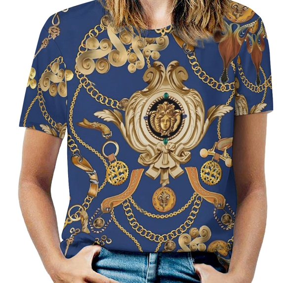 Summer Chain Print T Shirts White Links Print Street Fashion T-Shirt Womens Short Sleeves Modern Oversize Tees Graphic C