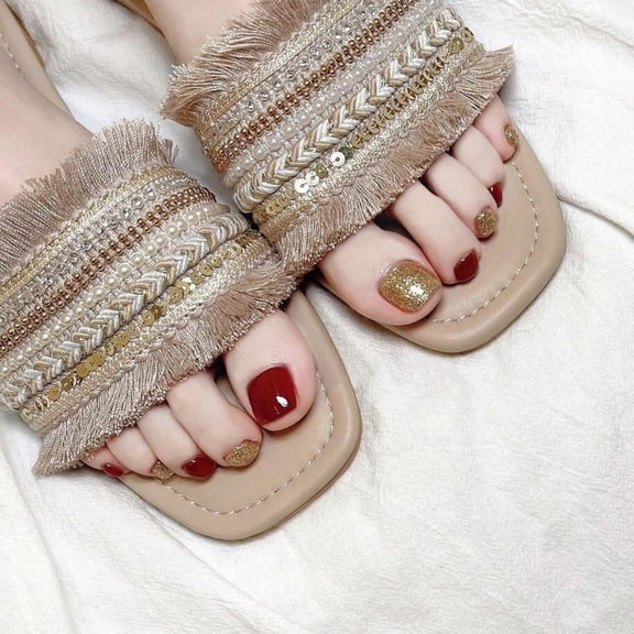 Summer Charm Deep Red Full Gold Diamond Foot Nail Wear Nail Art Finished Fake Nail Nail Patch Removable Nail Patch