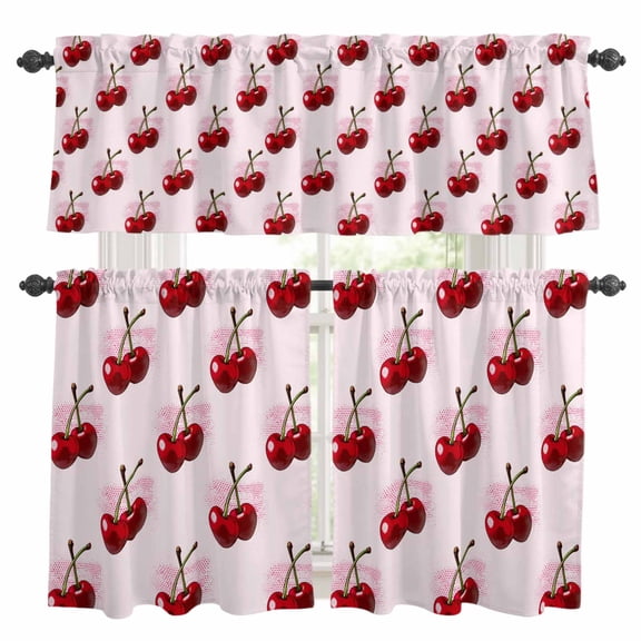 Summer Cherry Kitchen Curtains Set for Windows, Watercolor Fruit Modern Farmhouse Pink Background Curtains Valance and Tier 3 Piece Set Small Drapes 36 Inch Length for Kitchen Bedroom Decor