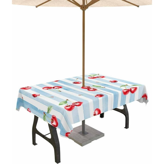 Summer Cherry Outdoor Tablecloth with Umbrella Hole and Zipper, Spillproof Table Cloth for Rectangle Tables, Dinner/Picnic/Patio/Party Table Cover Blue White Stripe