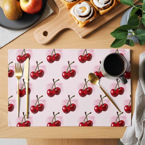 Summer Cherry Placemats Set of 1, Watercolor Fruit Modern Farmhouse Pink Background Heat Insulated Linen Place Mats, Washable Stain-Proof Table Mats for Dining Tables Holiday Decor 13x19 Inches