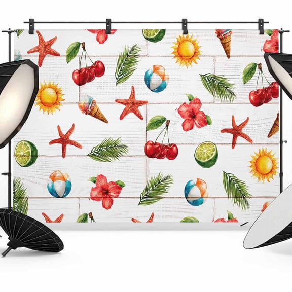 Summer Cherry Starfish Ice Cream Backdrop for Photography, White Wood Grain Photo Backdrop Portrait Background Party Banner Photo Backgrounds for Studio Booth Props, 12x8ft