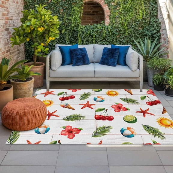 Summer Cherry Starfish Ice Cream Indoor Outdoor Rugs 3x5 Ft, White Wood Grain Outdoor Patio Rugs Mat Washable Outside Area Rugs Carpet for Porch Deck RV Camping Pool Balcony Backyard