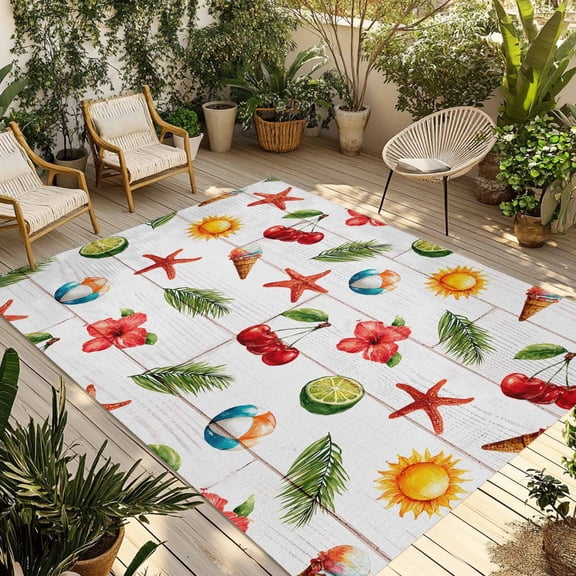 Summer Cherry Starfish Ice Cream Outdoor Rug, White Wood Grain Non-Slip Area Rugs Carpet Breathable Large Floor Mat for Outdoors Patio Porch Deck Beach 3’ x 5’