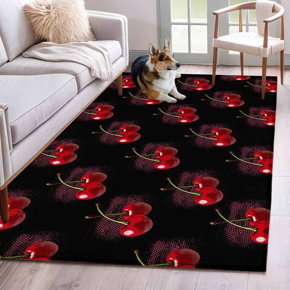 Summer Cherry Washable Area Rugs 2.7'x5', Watercolor Fruit Modern Farmhouse Black Background Low Pile Throw Living Room Rug Non-Slip Sturdy Edge Binding Carpet for Indoor Entryway Bedside Kitchen