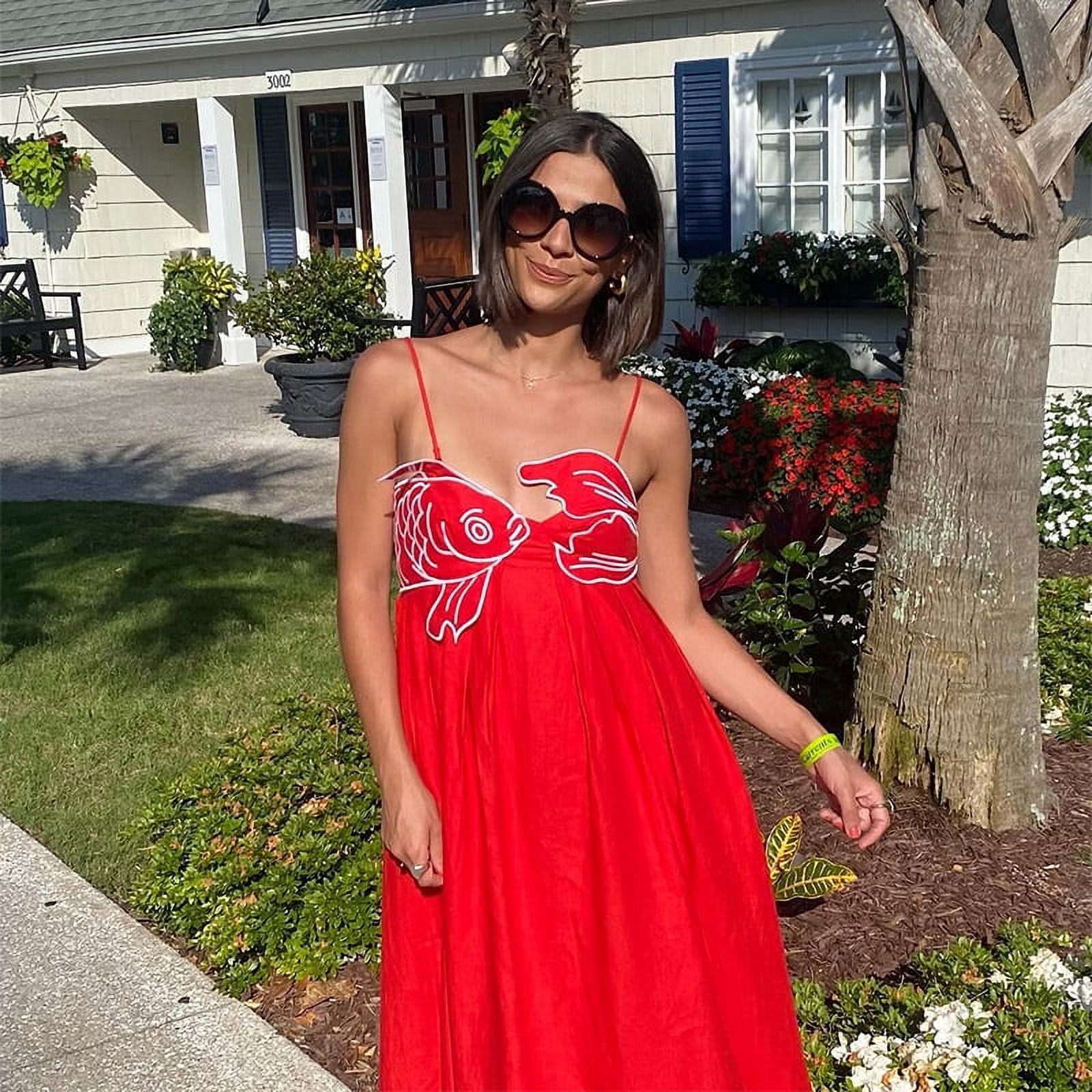 Summer Chic Red Fish Top Party Maxi Dress For Women Sexy Sling High Waist Ceremony Robe 2024 Holiday Lady Street Vestidos Dresses New style Walmart