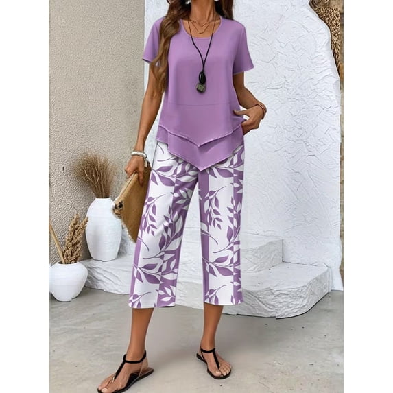 Summer Chic Two-Piece Set: Short-Sleeve Top & High-Waisted Wide-Leg Pants