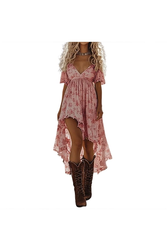 Summer Chiffon High Low Flowy Dress V Neck Puff Sleeve Ruffle Hem A Line Casual Sundress Pink S