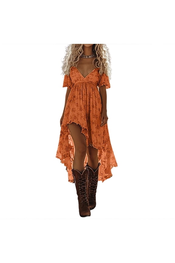 Summer Chiffon High Low Flowy Dress V Neck Puff Sleeve Ruffle Hem A Line Casual Sundress Saffron L