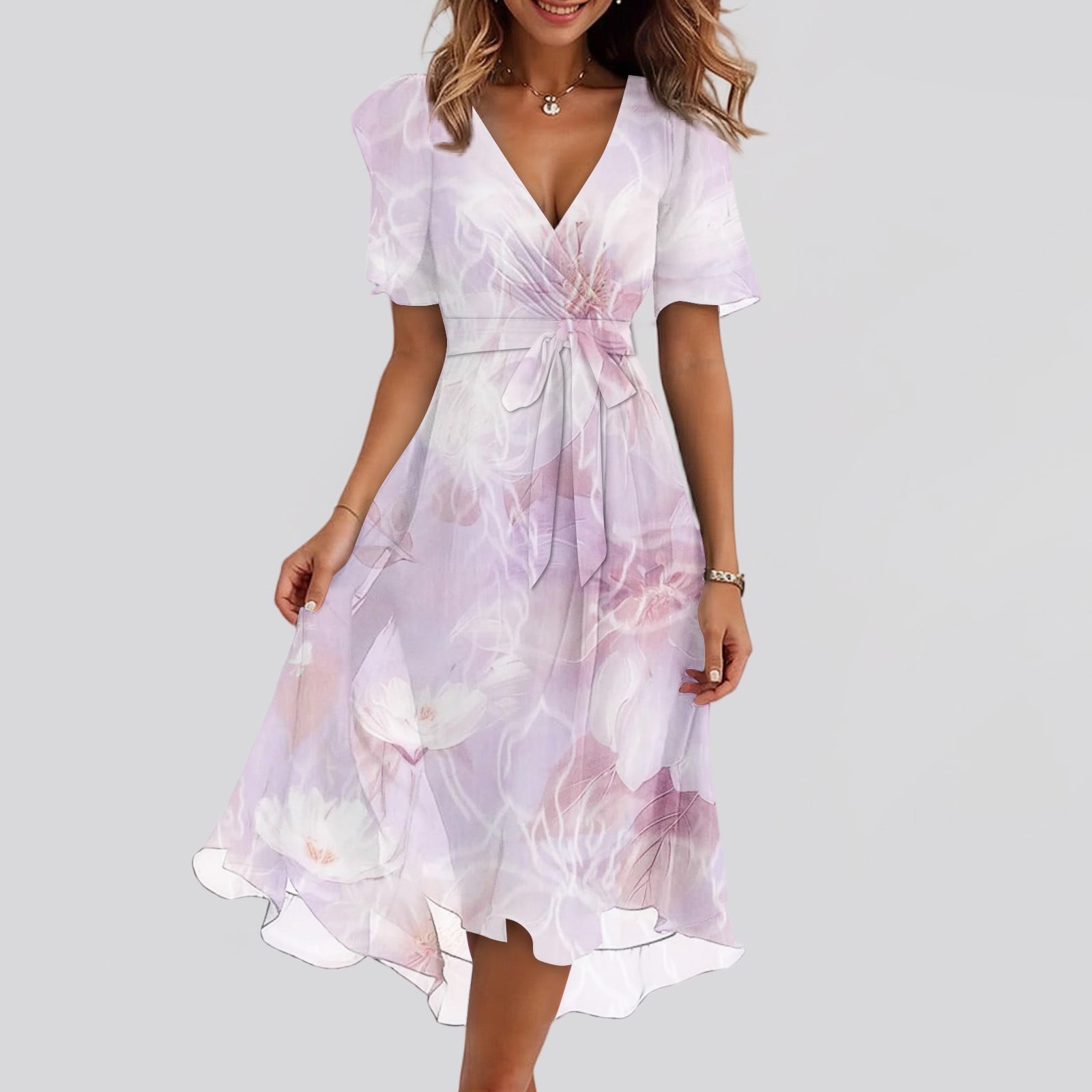 Summer Chiffon Midi Dresses for Women 2026 Classy V Neck Wedding Guest Formal Cocktail Prom Dress XL