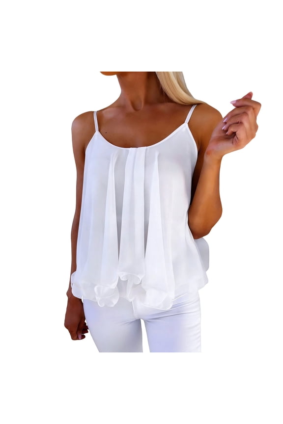 Summer Chiffon Tops for Women Pleated Ruffle Casual Vacation Tank Tops Adjustable Strap Camisoles( White, S )