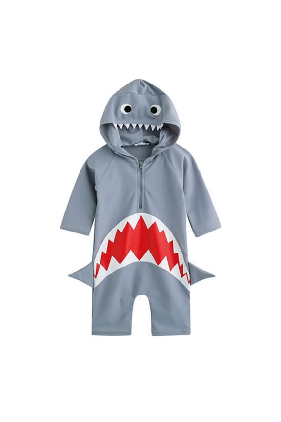 Summer Child Kids Toddler Boys Girls Cartoon Shark One-Piece Hooded Sun Protection Swimsuit Swimwear Beach Bathing Suit
