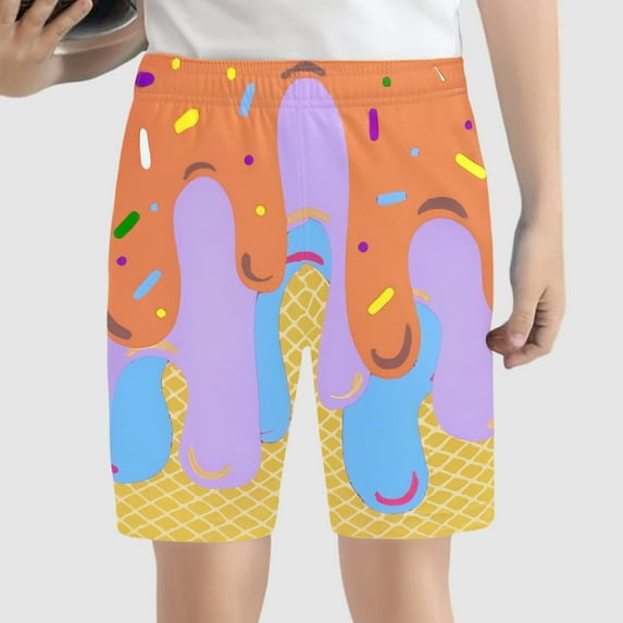 Summer Children's Boys' Stretch Waist Colorful Ice Cute Pattern Casual Baseball Shorts Five Pair Pants Classic Boys Shorts Light Purple 9-10 Years