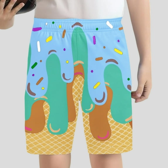 Summer Children's Boys' Stretch Waist Colorful Ice Cute Pattern Casual Baseball Shorts Five Pair Pants Trendy Boys Shorts Sky Blue 7-8 Years