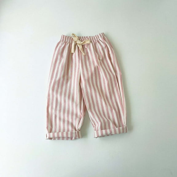 Summer Children's Casual Stripe Pants Drawstring Elastic Waist Cotton Linen Beach Pants 2Y