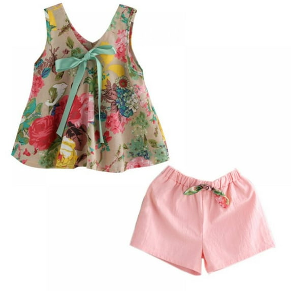 Summer Children's Girls Floral Printed Sleeveless Baby Vest Tops +Shorts Sets For Girls Kids Clothes Outfit Suits New