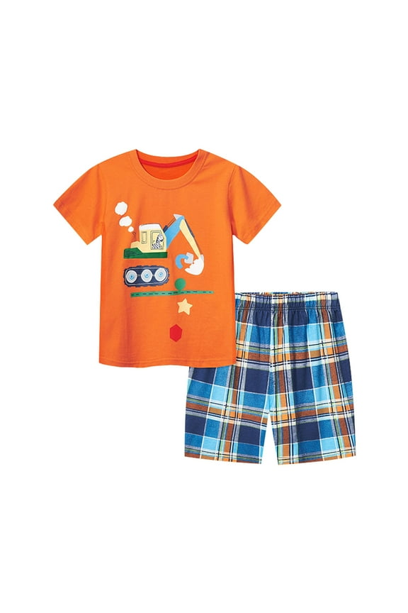 Summer Children's Short Sleeved Shorts Two Piece Knitted Cotton Cartoon Excavator Pattern Children's Suit Size 4-5T