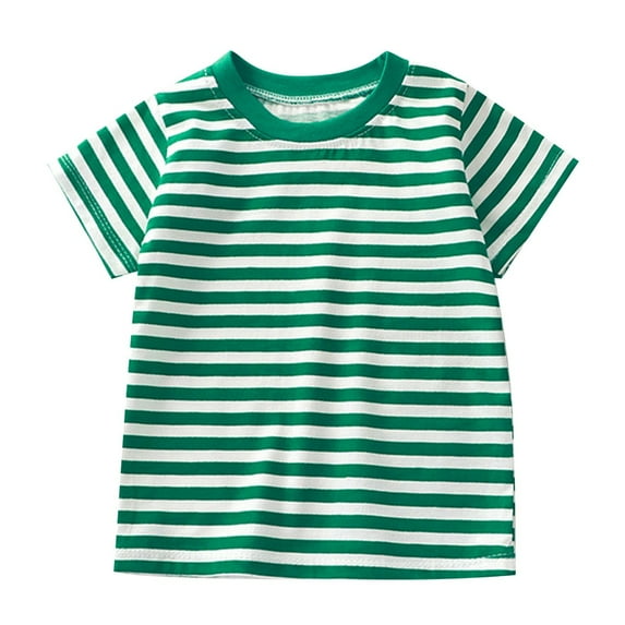 Summer Children's Short Sleeved Striped T Shirt Pure Cotton Boys And Girls Top Base Shirt Green Size 5-6T