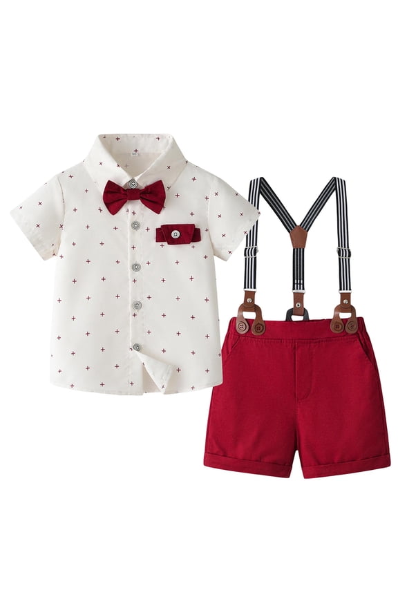 Summer Childrens British Gentleman's Dress Set Boys Simple Short Sleeved Shirt And Overalls Set With a Bow Tie