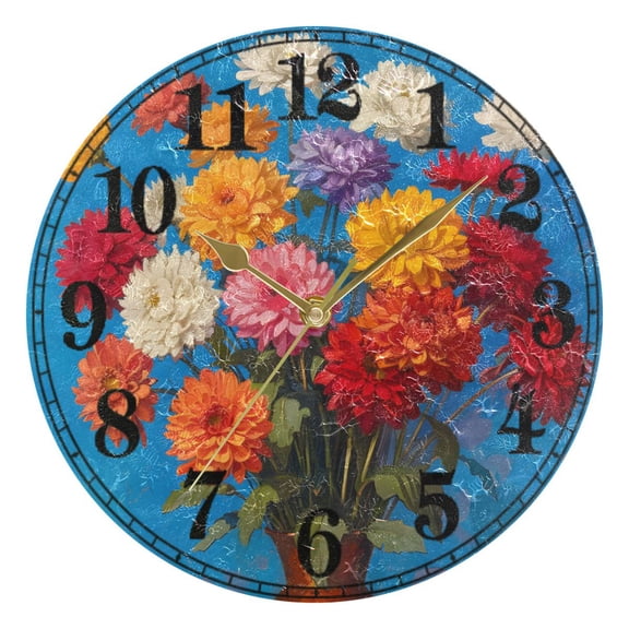 Summer Chrysanthemums Oil Paint Silent Wall Clock 10" Non-Ticking Battery Clock