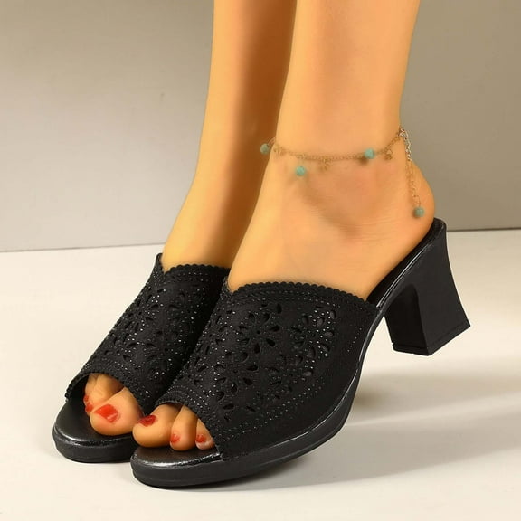 Summer Chunky Women's High Heels, Round Open Toe Fish Mouth Design with Hollow Flower Patterns, Perfect for Daily Life Black Women Sandal