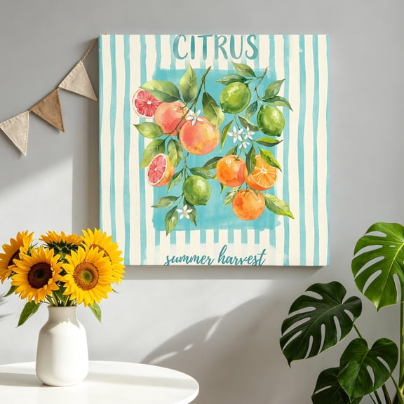 Summer Citrus Canvas Wall Art, Oranges Lemons Grapefruits Teal Stripes Framed Canvas Wall Decor Picture Print Artwork Decorations for Living Room Office Ready to Hang 12" x 12"
