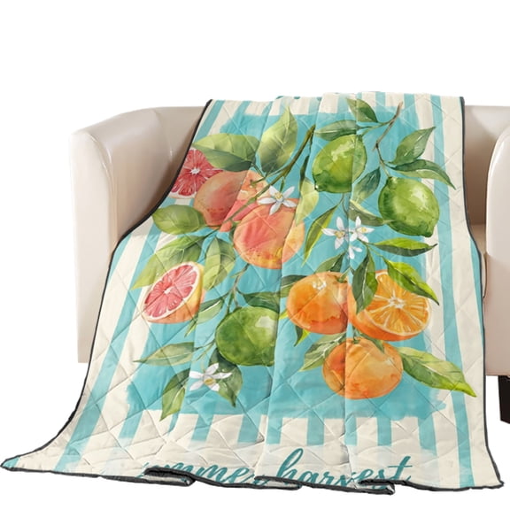 Summer Citrus Quilted Comforters Cooling Blanket Queen Size, Oranges Lemons Grapefruits Teal Stripes Cold Comfort for Hot Sleepers Lightweight Air Conditioning Quilt Blanket for Bed