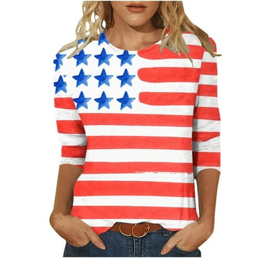 Summer Clean Plus Size Tee Shirts For Women Round Neck 3/4 Length Sleeve Tops Classic Independence Day Patriotic Tee Shirts Loose Fit Tunic Blouses Office Work Clothes 2025