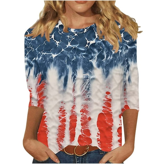 Summer Cleans 3/4 Sleeve Tops For Women Scooped Neck Sequined Tee Shirts Pullover Sweater Blouses Independence Day Patriotic T-Shirts Vintage Causal Tunics Tees Beach Vacation Clothes