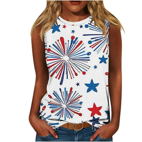 Summer Cleans 4Th Of July Patriotic Tank Tops For Women America Land Of The Free Shirt American Flag Printed Camisole Round Neck Tee Sleeveless Shirts Comfort Casual Holiday Beach Blouses
