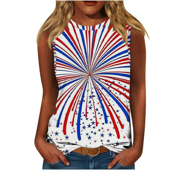 Summer Cleans 4Th Of July Patriotic Tank Tops For Women America Land Of The Free Shirt American Flag Printed Camisole Round Neck Tee Sleeveless Shirts Comfort Casual Holiday Beach Blouses