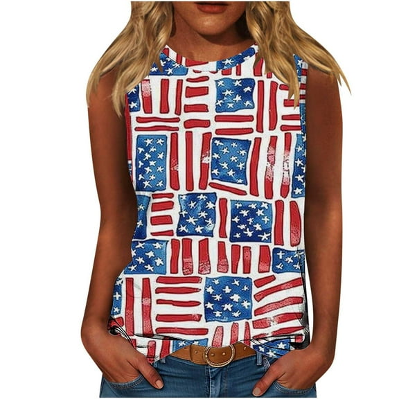 Summer Cleans 4Th Of July Patriotic Tank Tops For Women America Land Of The Free Shirt American Flag Printed Camisole Round Neck Tee Sleeveless Shirts Comfort Casual Holiday Beach Blouses