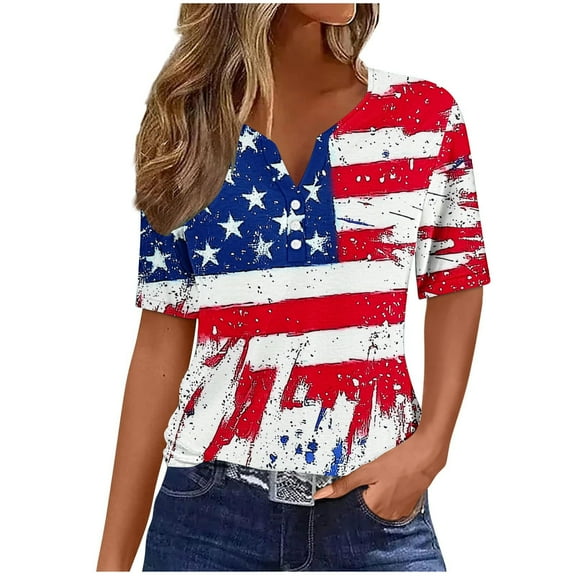 Summer Cleans Tops For Women American Flag Graphic Tee Shirts Henley Neck Tunic Tops Short Sleeve T Shirts Pullover Sweater Blouses Light Breathable T-Shirt Beach Vacation Outfits