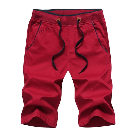 Summer Clearance 2024 HOOMEUMY Men Summer Shorts Solid Color High Waist Drawstring Pockets Wide Leg Shorts A-Line Beach Shorts Red 6