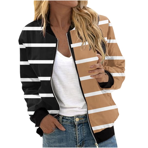 Summer Trendy Olyvenn Women's Striped Bomber Jacket Long Sleeve Zipper Up Lightweight Baseball Jacket Khaki 6