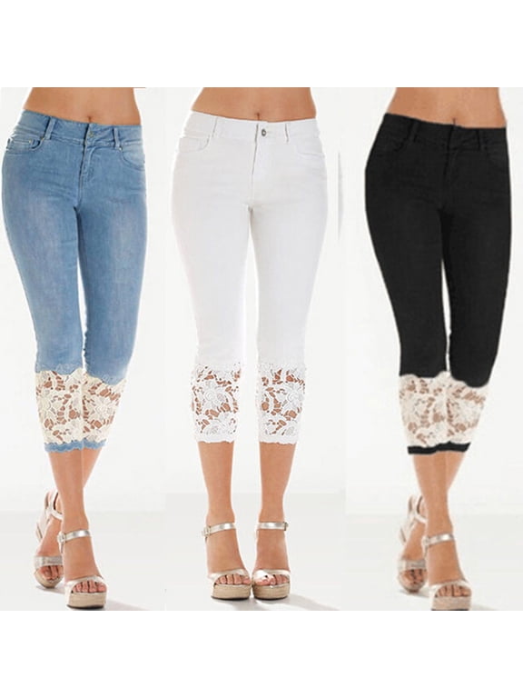 Summer Trendy Olyvenn Womens Fashion Tight Skinny Daily Denim Capris Jeans Women Summer Elastic Lace Casual Cropped Trousers Cropped White S