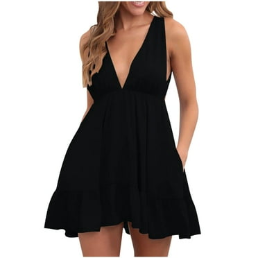 Summer Clearance 2024 SMihono Women's Summer V-Neck Ruffle Mini Dress Solid Color Loose Fit Swing Dress with Pockets Black 4