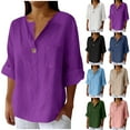 thumbnail image 1 of Ahuyic Short Sleeve Shirts for Women,Summer Plus Size for Women,Women's V-neck Cotton And Linen Button Pocket Shirt Jacket T-shirt Home Casual Quarter V-neck Shirt, 1 of 5