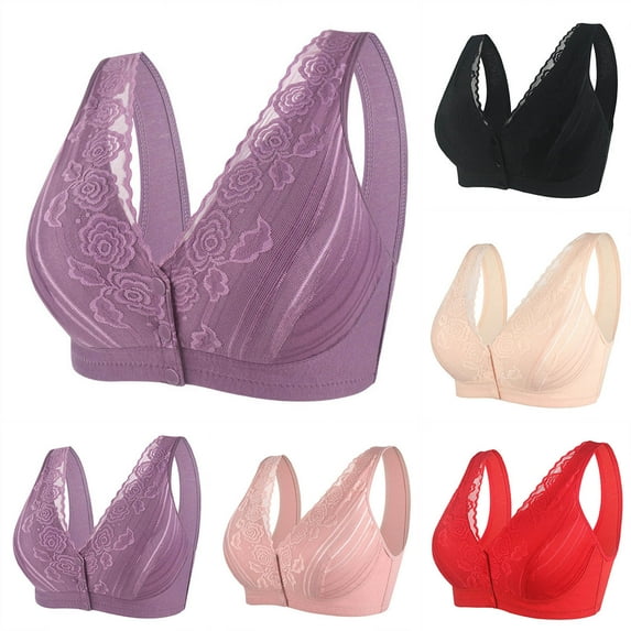 Ahuyic Summer Women Bra,Women Plus Size Bras,Woman's Solid Color Large Lace Front Button Bra Wide Shoulder Strap Style Underwire Breathable Plus Size Bra