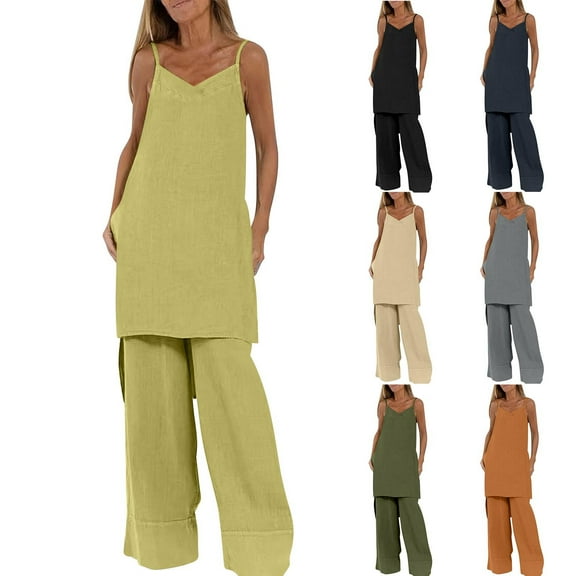 Ahuyic Womens Summer Casual Outfit Set,Womens Plus Size Outfit,2PC Fashion Woman V-neck Sleeveless Blouse +Loose Pockets Pants Sets
