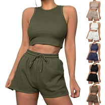 Ahuyic Womens Summer Casual Outfit Set,Womens Plus Size Outfit,Ladies' Comfortable Casual Color Blocked Sleeveless Round Neck Top/shirt Set