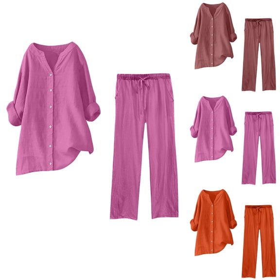 Ahuyic Women Summer Clothing Set,Casual Summer Outfits,Women Summer Loose Casual Solid Color Fashionable Long Sleeved Top+Pants Outwear Set