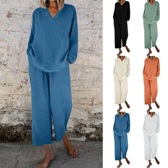 Ahuyic Women Summer Clothing Set,Casual Summer Outfits,Women's Casual V-neck Pullover Long Sleeved And Pocket Long Pants Cotton Set