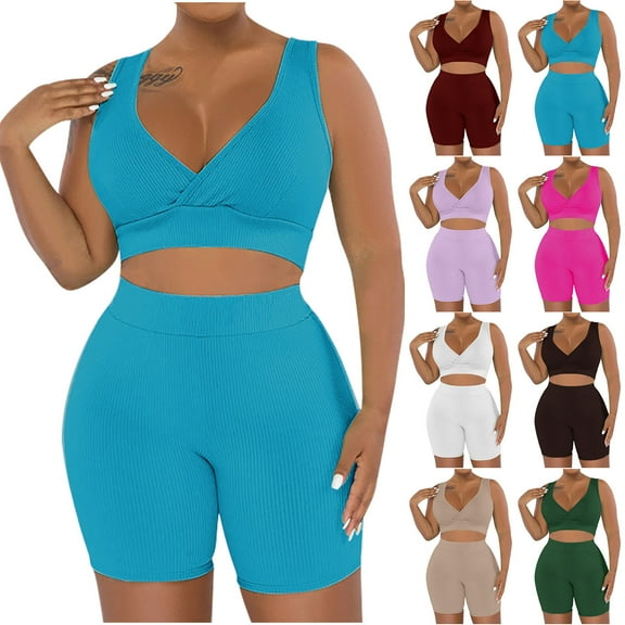 Ahuyic Women Summer Clothing Set,Casual Summer Outfits,Women's Fashion Two-piece Solid Color V-Neck Tank Top And Short Sports Casual Suit