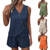 Ahuyic Women Summer Clothing Set,Casual Summer Outfits,Women's Summer Casual Solid Color Sleeveless V Neck Tanks  Shorts Sets